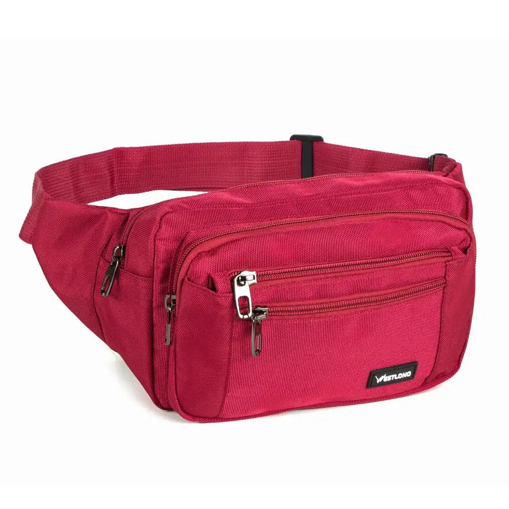 Red waist pack with multiple zip pockets, adjustable strap, waterproof fabric; VISTLONG logo.