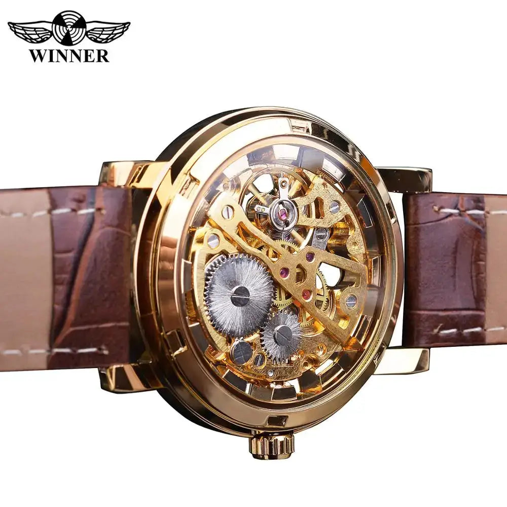 Winner Transparent Skeleton Mechanical Watch With Leather Strap See Through Dial Luxury Casual Timepiece
