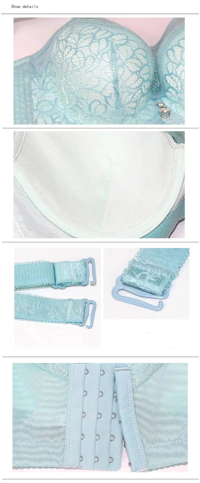 Spring women's full lace bra with two-piece cups in light blue, floral lace and back hook closure