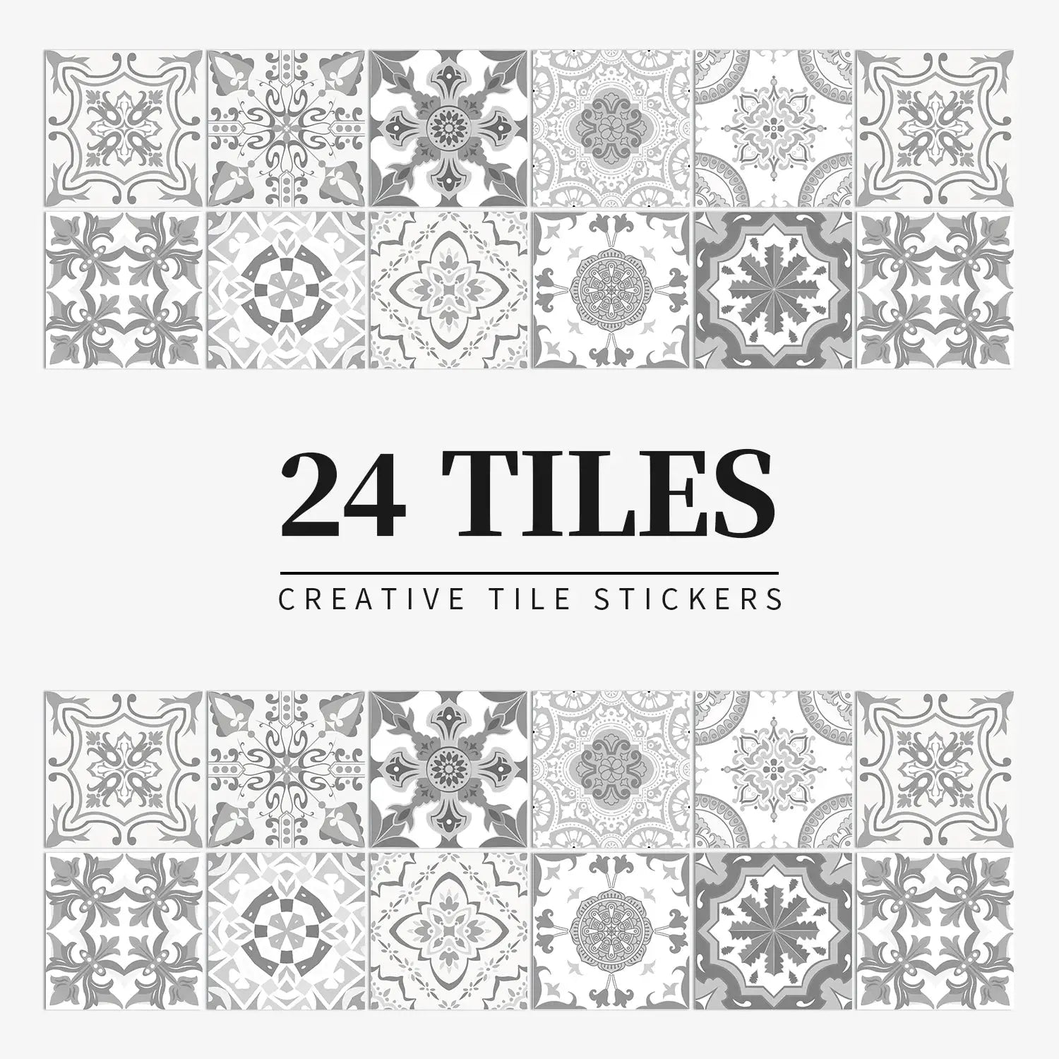 24-tile light-gray self-adhesive wall sticker set for kitchen and bathroom decor