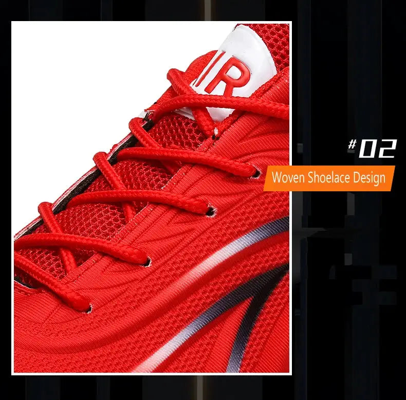 Men's red mesh running shoe with woven shoelace design and breathable upper