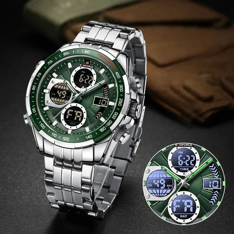 NAVIFORCE men's stainless steel wristwatch with green dial, dual digital-analog display and luminous hands