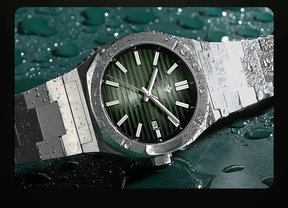 CADISEN diver watch with green dial and stainless steel bracelet, MIYOTA 8215 automatic movement, 10 Bar water resistant