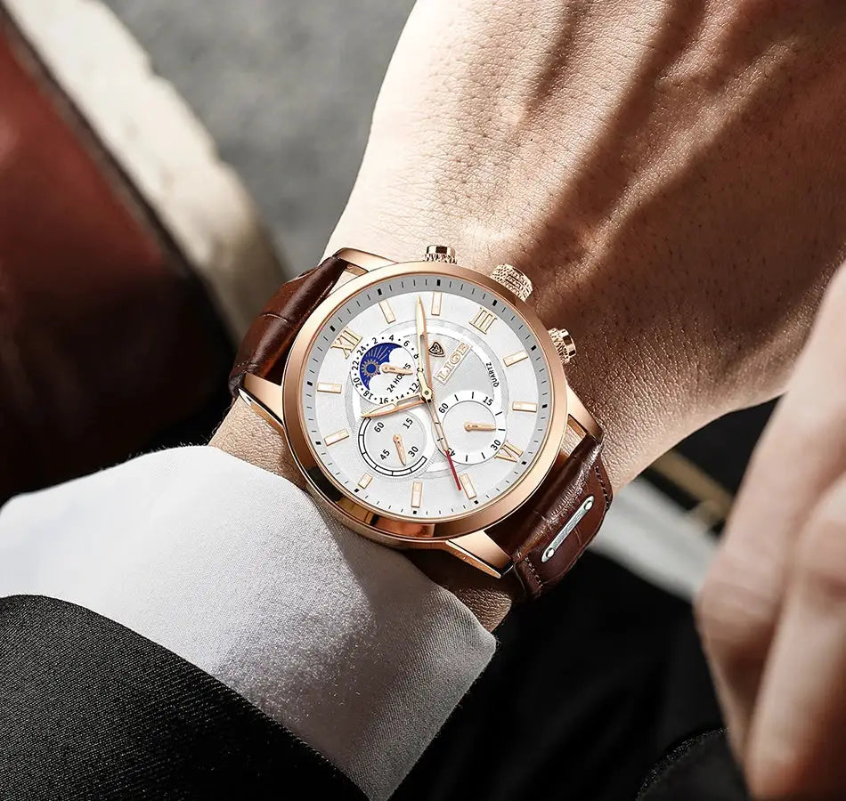 LIGE men's luxury quartz watch with rose-gold case, white dial and brown leather strap