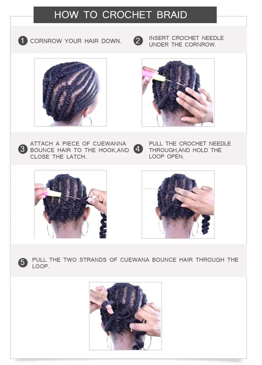 Simples Market Easy Braids crochet braid tutorial infographic showing cornrows and crochet needle steps.