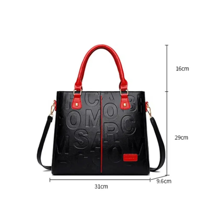 PU leather crossbody tote bag by Simples Market in black with red handles and a detachable strap, large capacity
