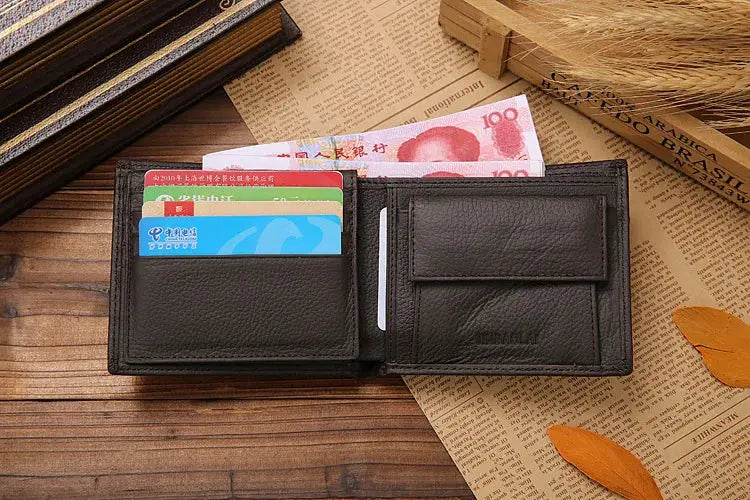 Classic short genuine leather men's wallet, black, with card slots and coin pocket