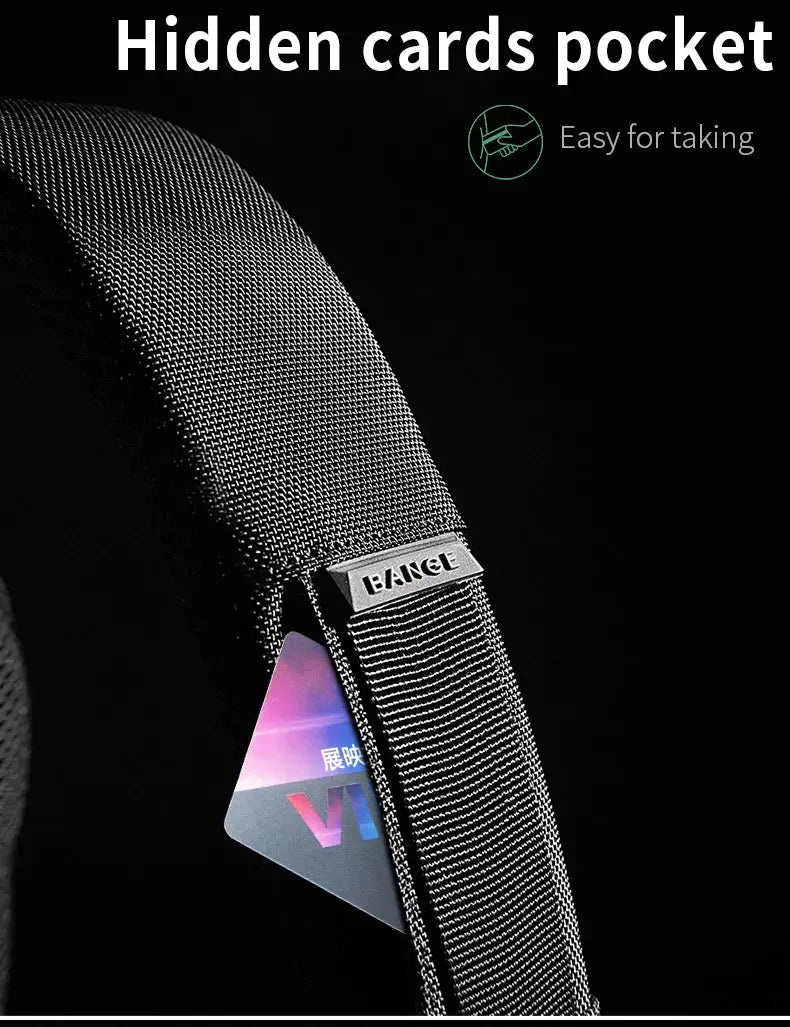 BANGE chest bag crossbody strap close-up in black nylon with metal BANGE logo and hidden card pocket