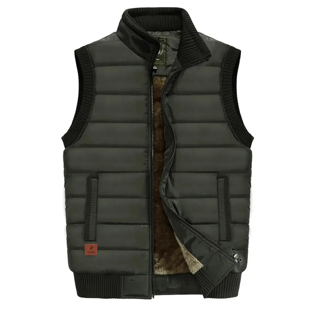 Men's padded fleece vest in dark olive with stand collar, zip front, quilted panels and faux-shearling lining