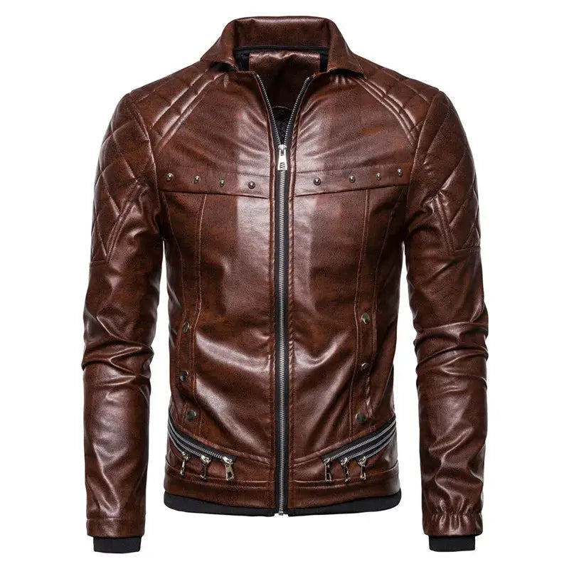 Mens brown PU leather motorcycle jacket by Simples Market with quilted shoulders and zip pockets
