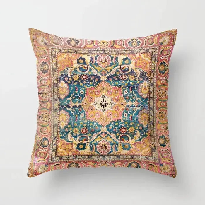 Nordic pillow case by Simples Market; Moroccan-style ornate cushion cover in teal, pink, gold