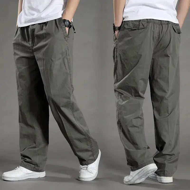 Men's cargo pants by Simples Market in olive-gray cotton, casual workwear, front and back views