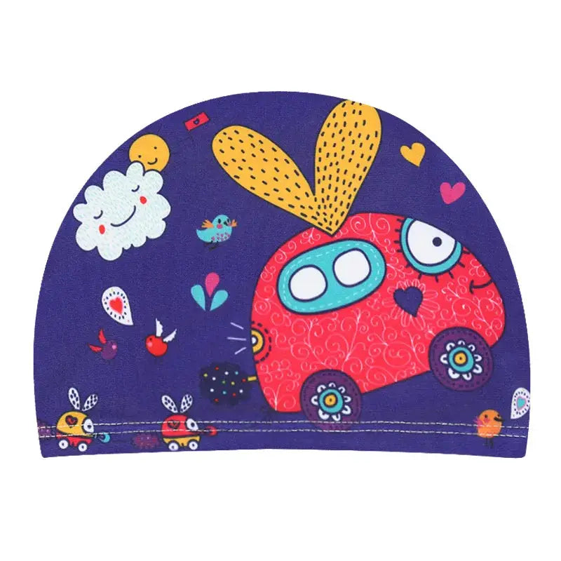 Kids Cartoon Swim Cap Elastic Fabric Pool Water Sports Ears Protection Hat Bathing Cap Boys Girls