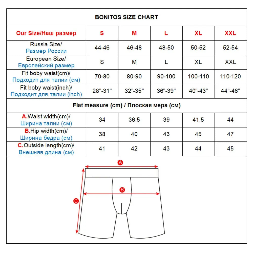 Simples Market long men's boxer shorts size chart with S-XXL, Russia/European sizes and waist/hip/length (A/B/C)