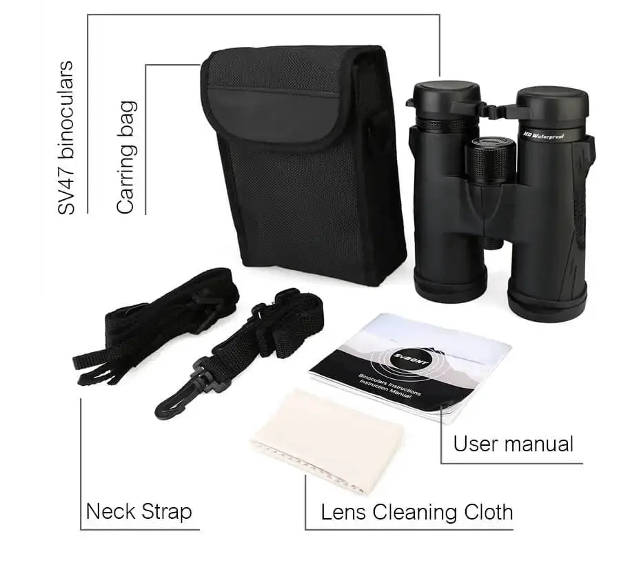 SVBONY SV47 binoculars IPX7 waterproof set with carrying bag, neck strap, lens cleaning cloth, and user manual