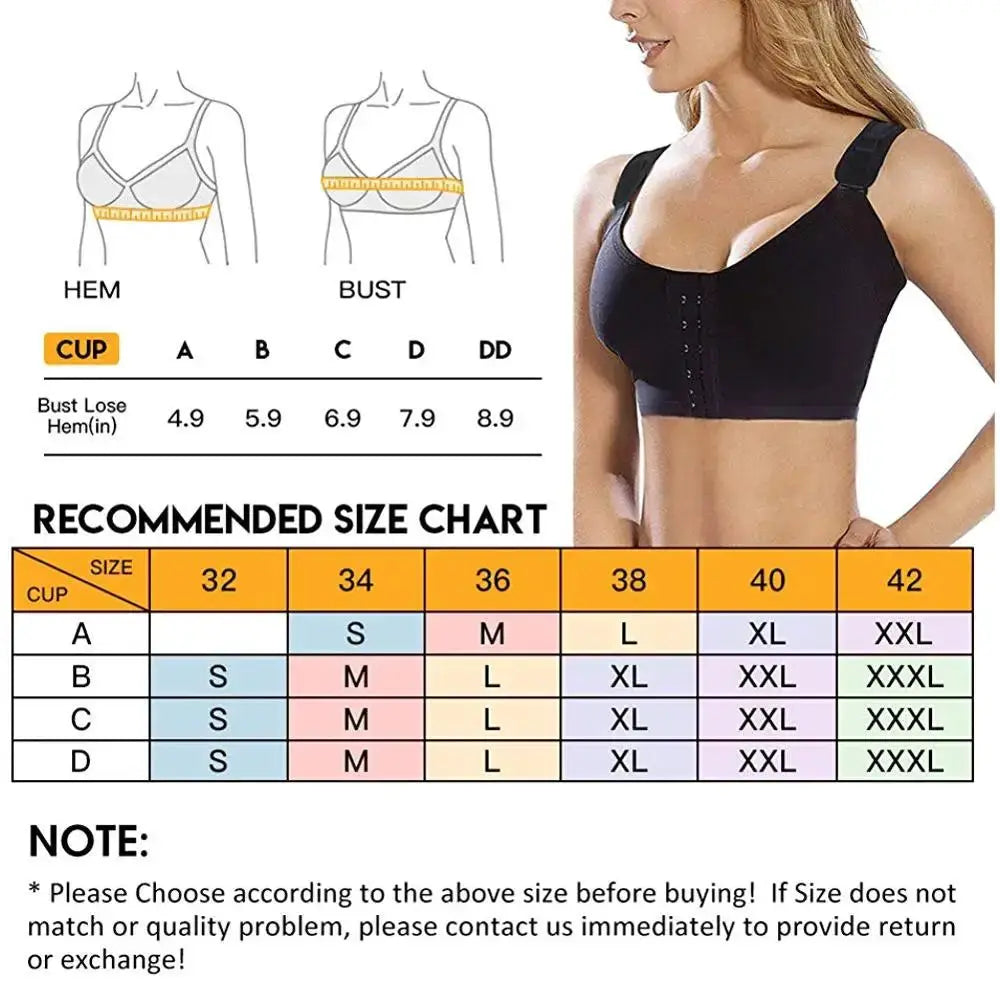 Burvogue women's seamless padded front-closure bra in black, with size chart and measurement guide