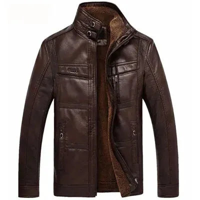 Leather jacket for men in dark brown PU leather with fleece lining and zip front
