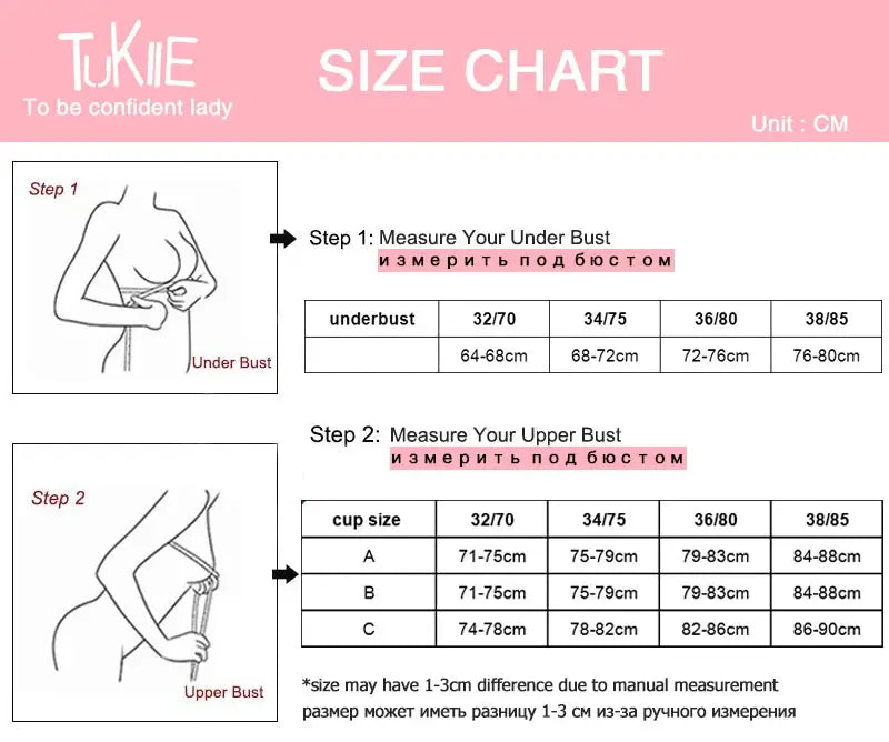 Bra size chart by Simples Market showing underbust and upper bust measurements with cup size tables