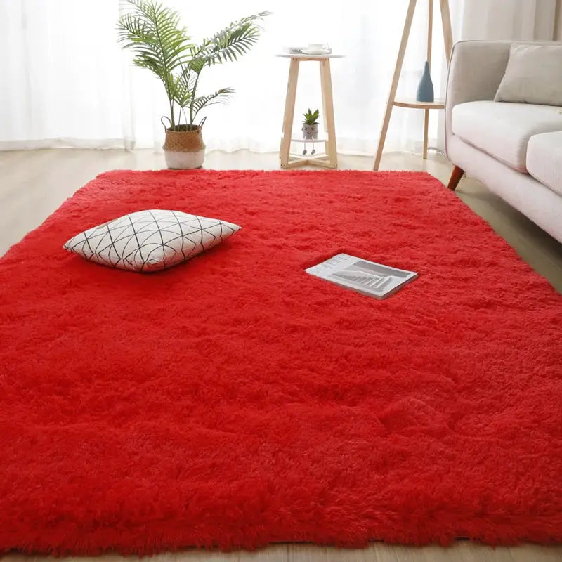 Large red fluffy living room rug 160x230 with soft long-pile texture