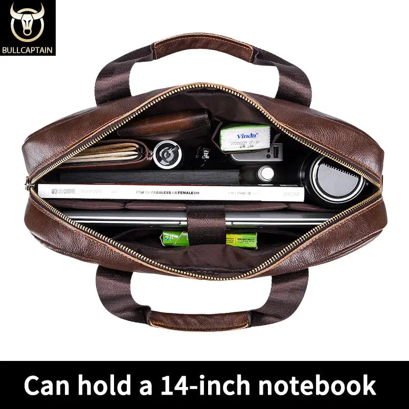 BullCaptain Leather Briefcase Messenger Bag for Men 14 Inch Laptop Compatible Genuine Cowhide for Office Professional