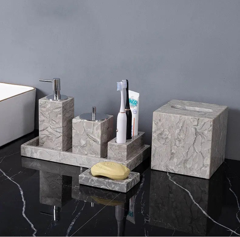 Five-piece marble bathroom set with dispenser, toothbrush holder, toothpaste cup, soap dish and cotton swab can
