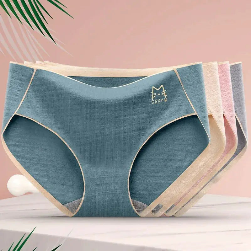 Women’s cotton antibacterial seamless panties set of 6 with SEXYM logo; teal front pair with beige trim and pastel colors