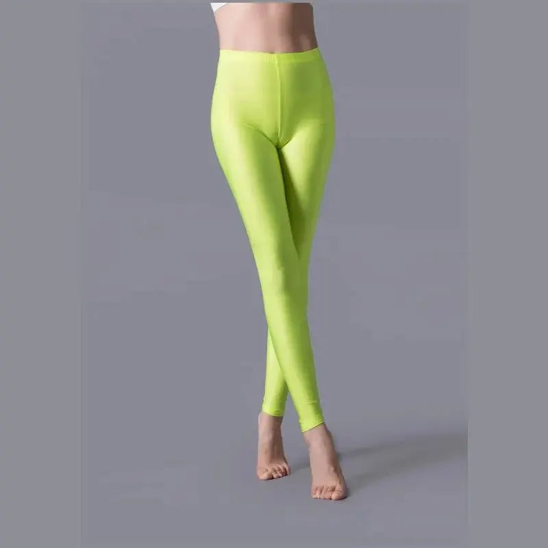 Women's neon lime shiny leggings with elastic waistband, solid color spandex