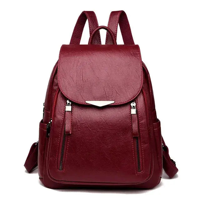 Yogodlns luxury backpack; burgundy PU leather, large-capacity travel/school bag with double zippers