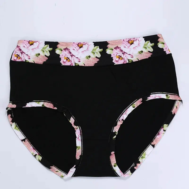 Panties by Simples Market; black plus-size underwear with pink floral waistband and leg trim