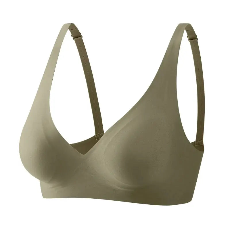 FINETOO soft wireless bra, beige padded deep-V bralette, seamless lingerie for women