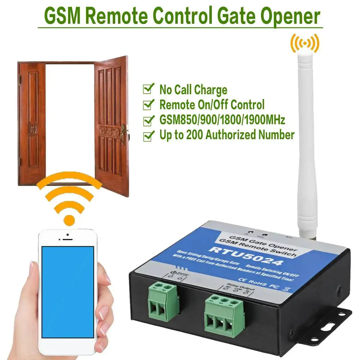 RTU5024 GSM Gate Opener Relay Switch by Simples Market with long antenna and remote control 850/900/1800/1900MHz