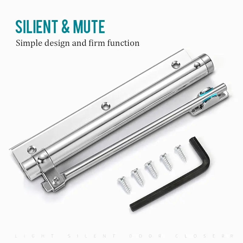KAK 50KG adjustable aluminum alloy heavy-duty door closer kit with chrome finish, screws, and hex key