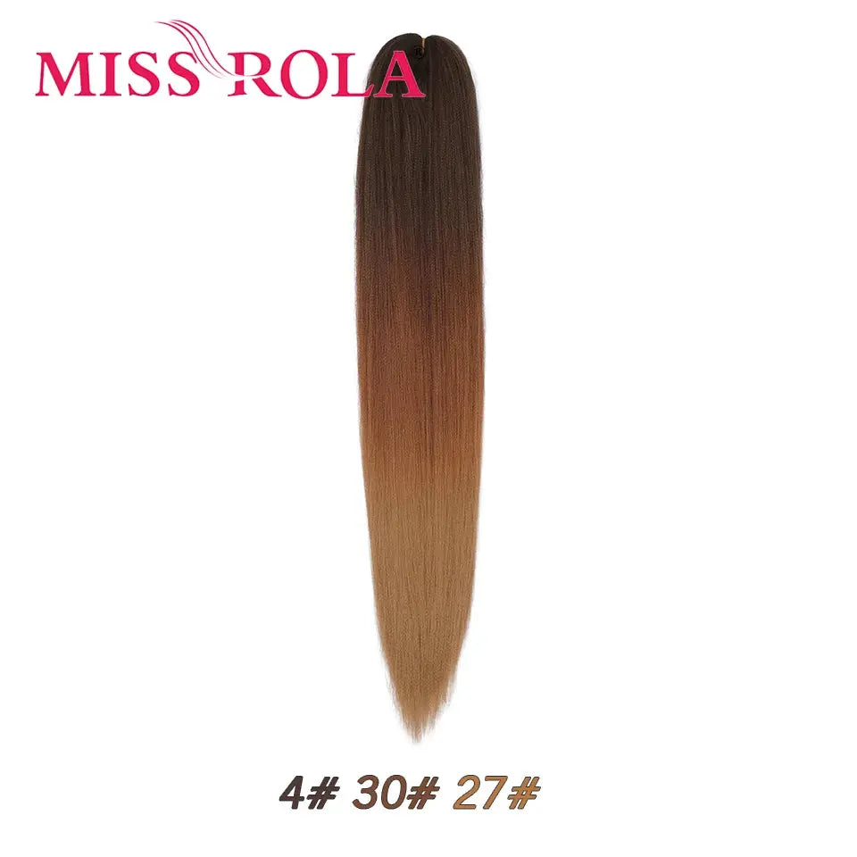 Miss Rola synthetic Kanekalon braid, 30-inch pre-stretched Yaki straight, dark-to-light brown ombre; Miss Rola logo