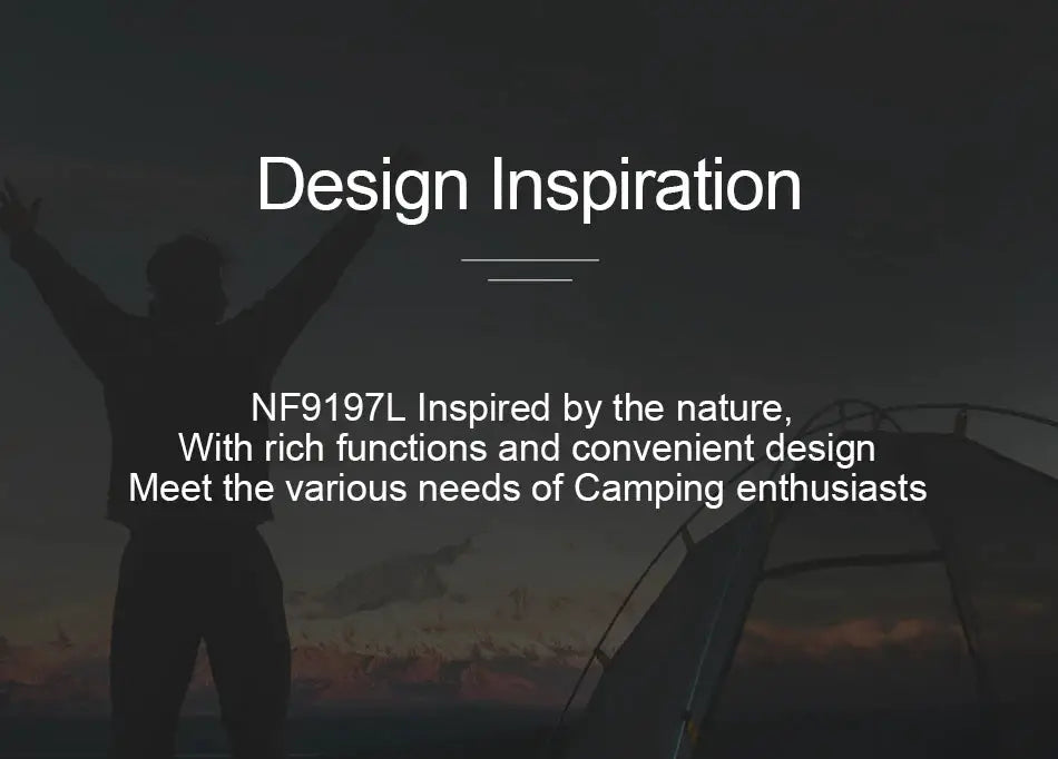 NAVIFORCE design inspiration slide showing silhouette with raised arms beside a camping tent at sunset.