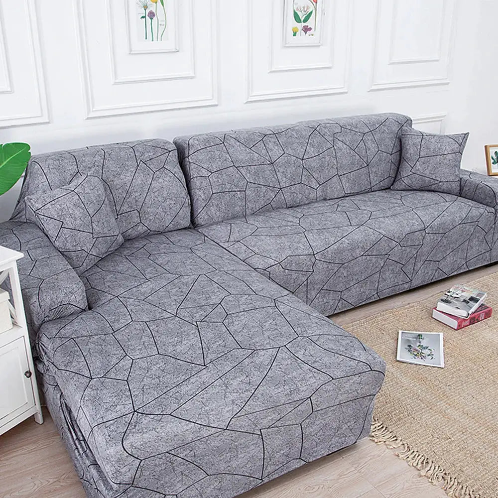Sofa slipcover, stretch printed gray geometric pattern for L-shaped corner sofa; fits 1–4 seats.