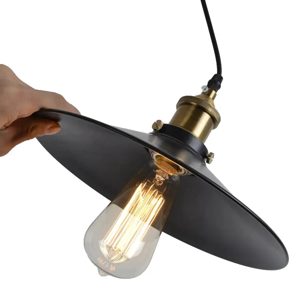 Simples Market E27 vintage pendant lamp with black lacquered iron umbrella shade and brass hardware