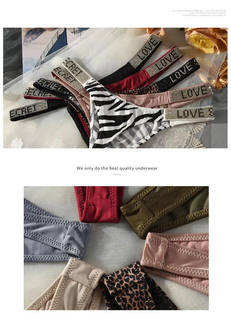 Set of multiple low waist thongs by Simples Market with rhinestone LOVE waistband, zebra print and assorted colors