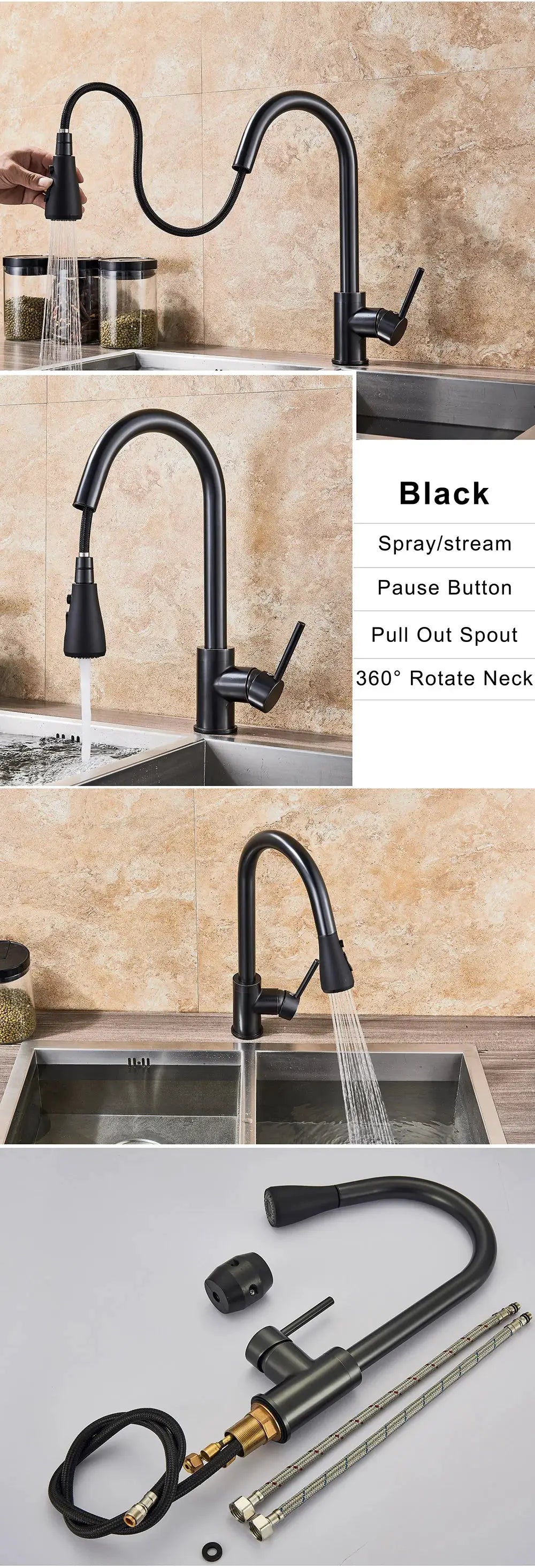 Black pull-out kitchen faucet with flexible hose, spray head, and 360° rotate neck