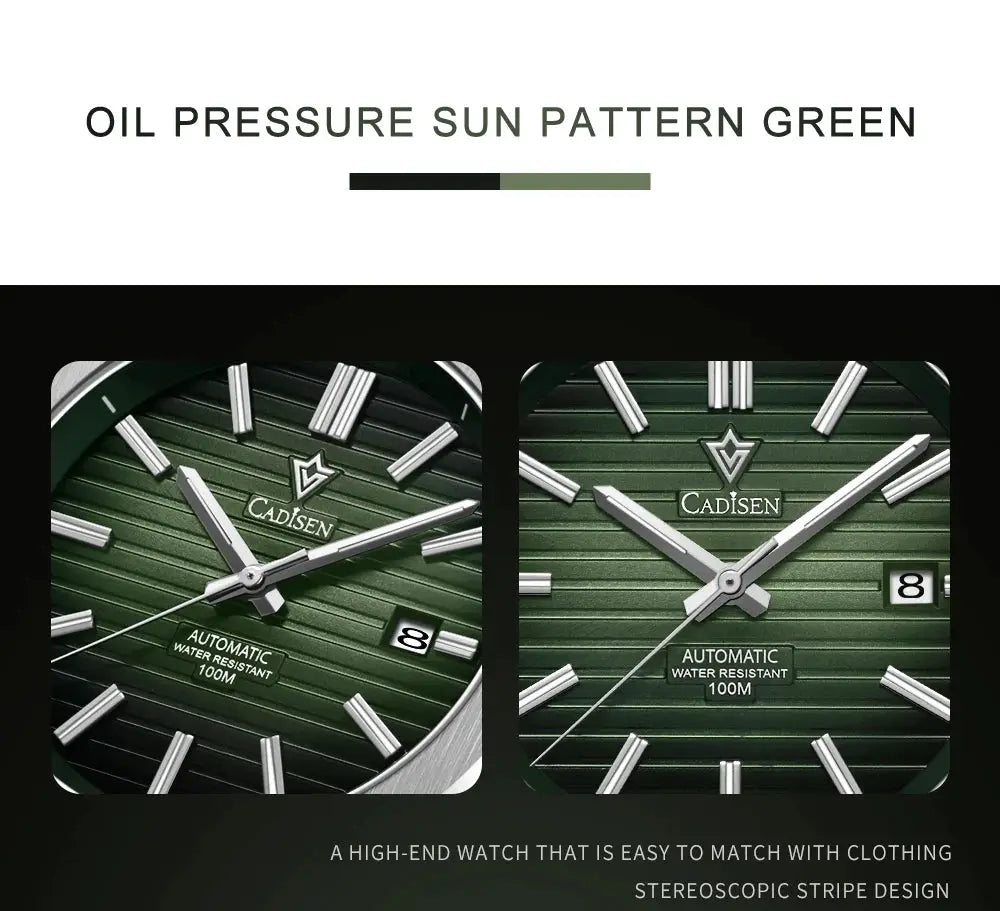 CADISEN Diver Watch green sun-pattern dial close-ups; automatic movement