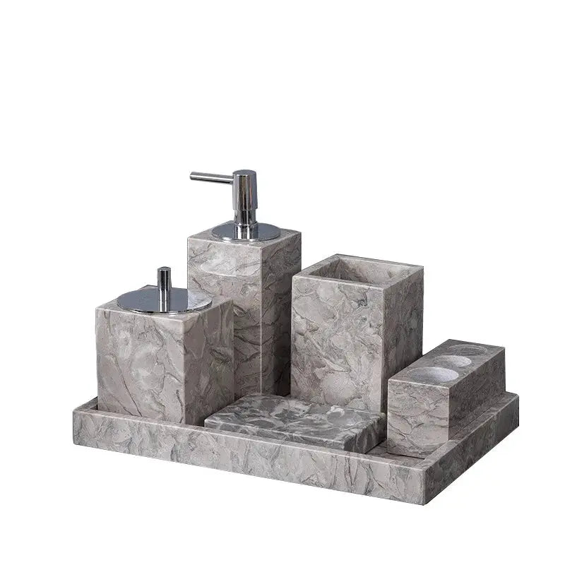 Bathroom accessories set, six-piece, gray marble with chrome pump dispenser on a tray.