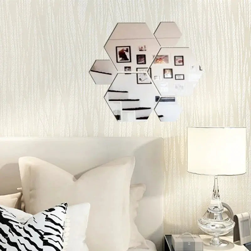Simples Market hexagon mirror wall decals set (6/12pcs), 126mm each, self-adhesive silver mirrors for wall decor