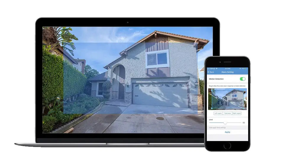 4MP 1080P outdoor WiFi IP security camera with app control shown on laptop and smartphone.