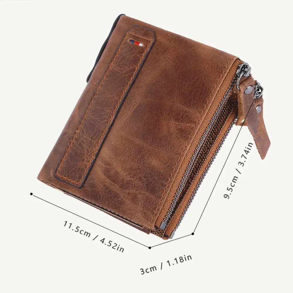 Men's brown genuine cow leather wallet with dual zippers and compact card holder