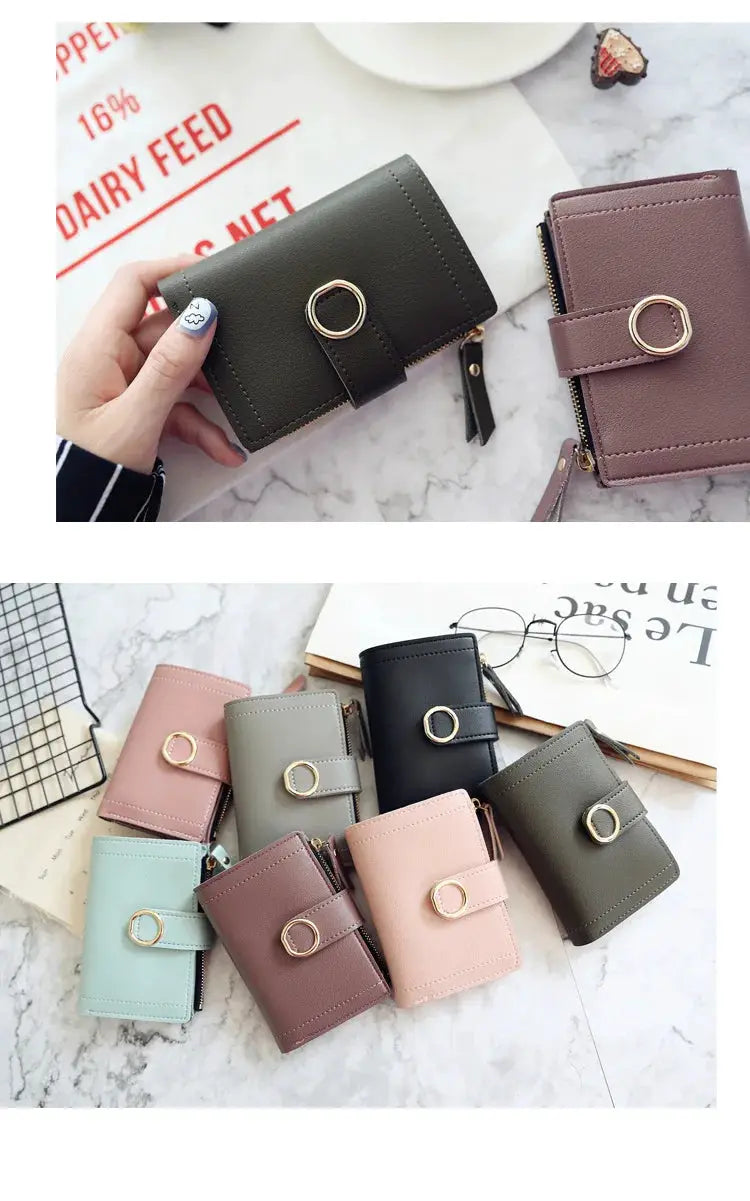 Short PU leather women's wallets set of 9 in assorted colors with zip closure and ring strap