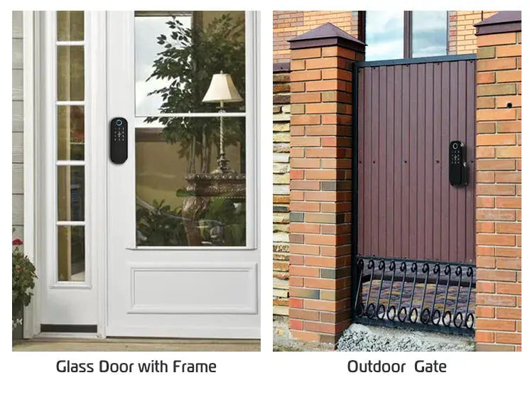 R5 PRO smart door lock; two views on glass door and outdoor gate, black fingerprint keypad TTLock.