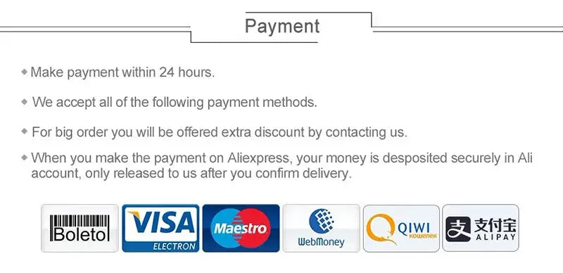 Payment methods icons: 6 logos for Boleto, Visa Electron, Maestro, WebMoney, QIWI, Alipay.