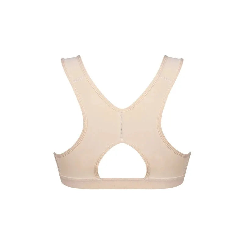 Beige seamless padded bra back view with wide straps and central back cutout.