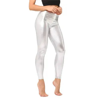 Ladies silver metallic shiny leggings with laser leather finish