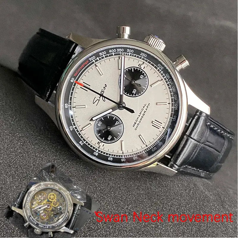 Simples Market limited edition panda dial pilot mechanical chronograph watch, 40mm, black leather strap.