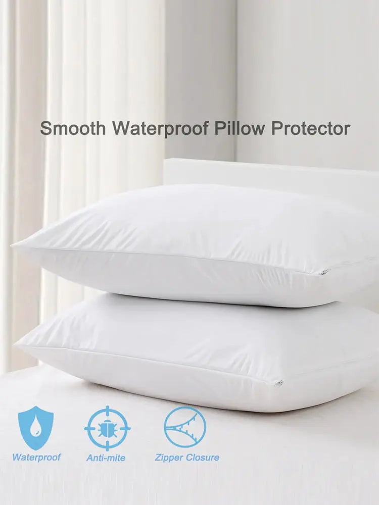 Simples Market smooth waterproof pillow protector; two white pillows shown with zipper closure and anti-mite protection